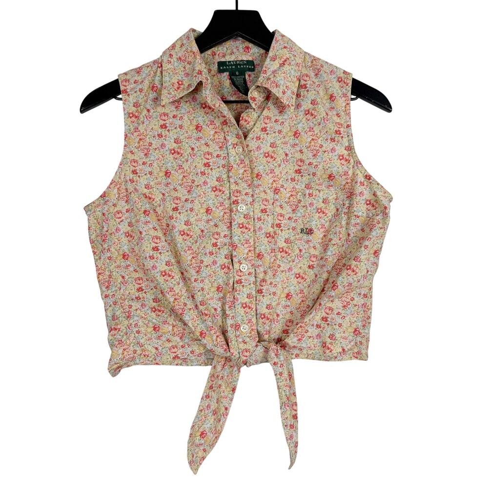 Lauren Ralph Lauren 90s Cotton Floral Crop Button Up Shirt Top Pink - 8